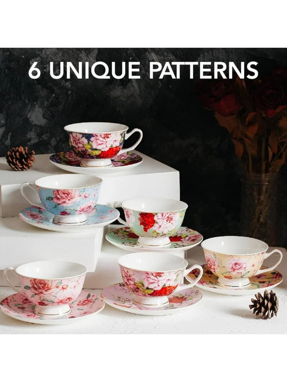 Floral Porcelain Tea Cups & Saucers Set of 6 | 8 oz, Gold Trim, Dishwasher Safe